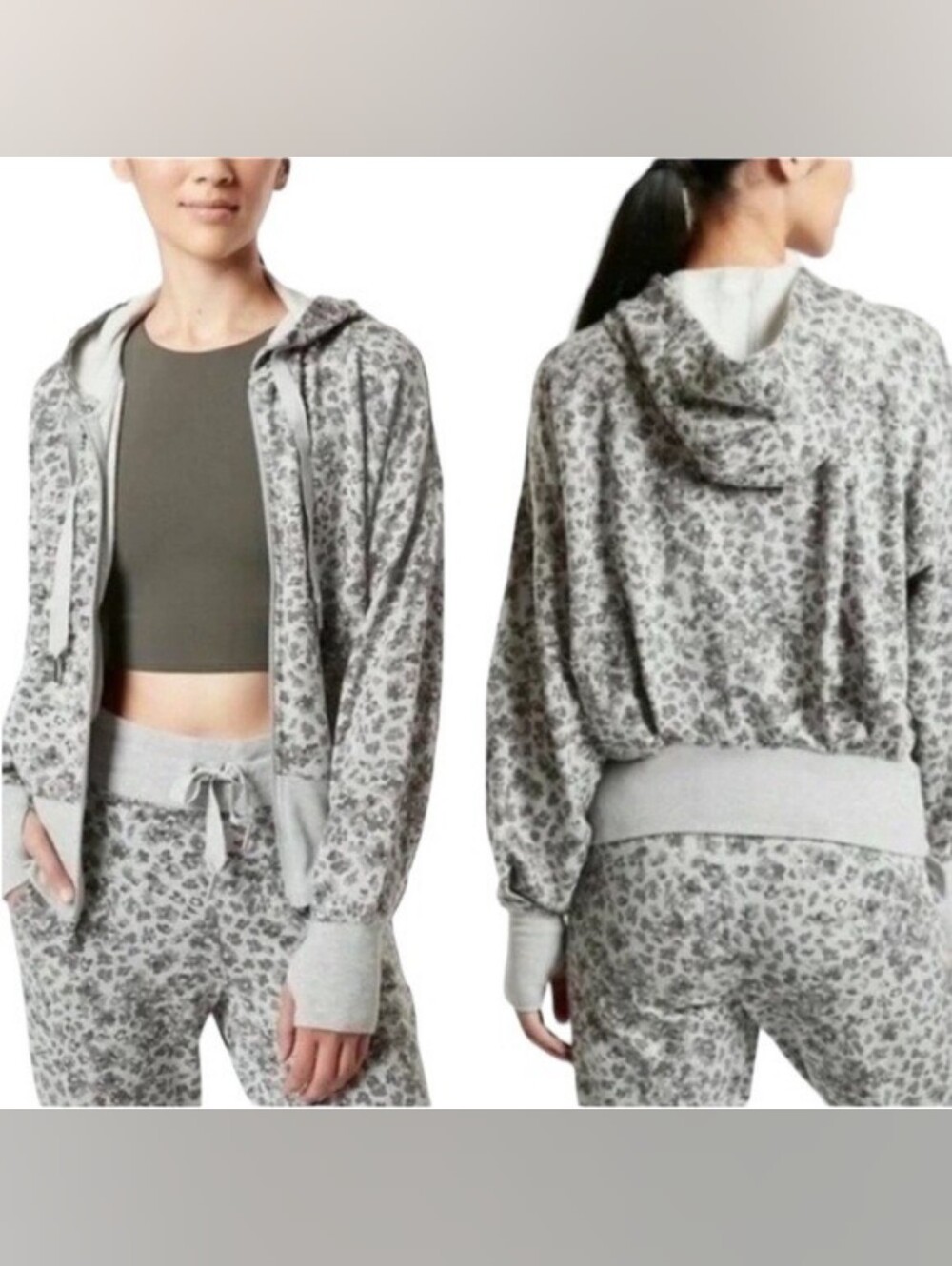 Athleta Light Gray Leopard Print Hooded Zip-Up Sweatshirt